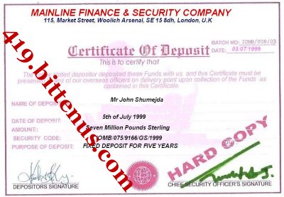John Shumejda Mainline Deposit Certificate